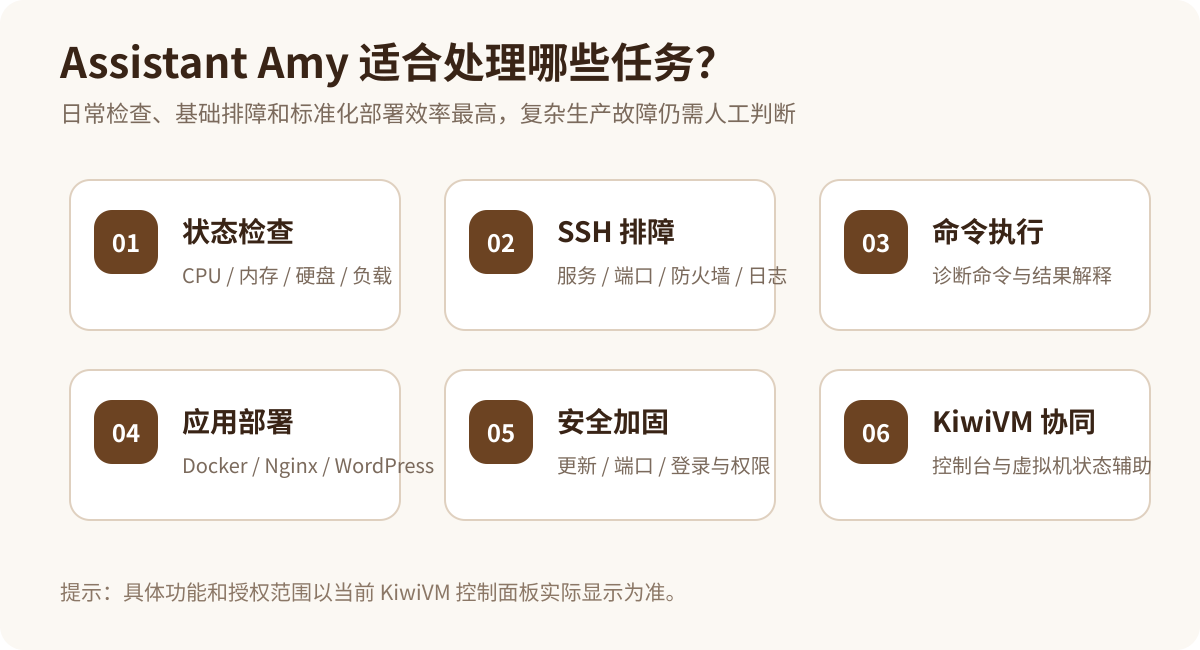 Assistant Amy 状态检查、故障排查、命令执行和应用部署功能